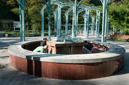 Borjomi, Georgia - October 02, 2016: Blue pavilion with hot source in Mineral water parkのeditorial素材
