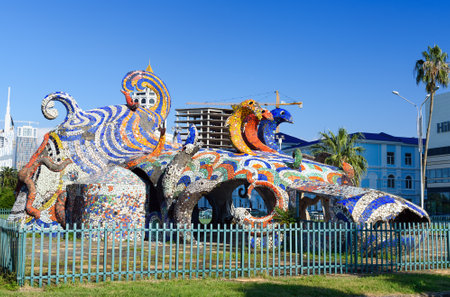 Batumi, Georgia - October 04, 2016: Monument Mosaic Octopus on Seafront Promenade. It was Fantasy Cafeのeditorial素材