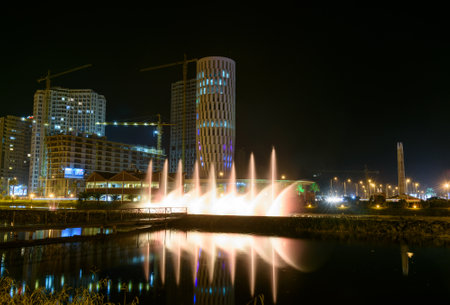 Batumi, Georgia - October 03, 2016: Dancing Fountains on Ardagani Lake. Light and musical fountains installed back in 2009のeditorial素材