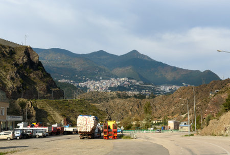 Artvin, Turkey - October 07, 2016: View on Artvin city from road. It is located on hill overlooking the Coruh River near the Deriner Damのeditorial素材