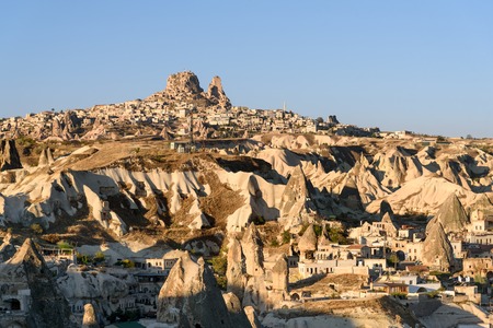 Top view of Goreme town and Uchisar castle in the morning. Cappadocia. Nevsehir Province. Turkeyの写真素材
