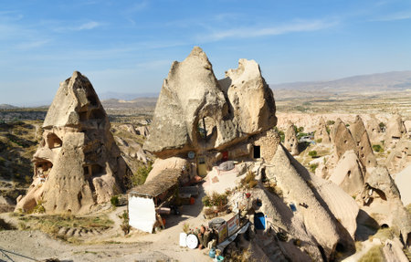 Uchisar, Turkey - October 11, 2016: View of Cave house and cafe in Uchisar. Cappadociaのeditorial素材