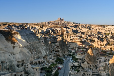 Top view of Goreme town and Uchisar castle in the morning. Cappadocia. Nevsehir Province. Turkeyの写真素材