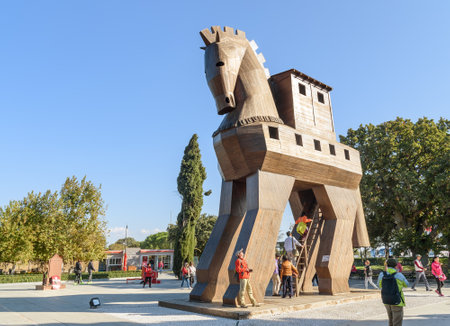 Canakkale, Turkey - October 30, 2016: Replica of wooden Trojan horse in ancient city Troy. It is tale from the Trojan War about the subterfugeのeditorial素材