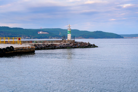 Canakkale, Turkey - October 31, 2016: View of embankment and lighthouse in the morning. Asian side of Canakkale on coast of the Dardanellesのeditorial素材