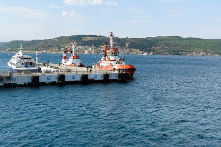 Canakkale, Turkey - October 31, 2016: View of Canakkale ferry pier and boat. Asian side of the city on coast of the Dardanellesのeditorial素材