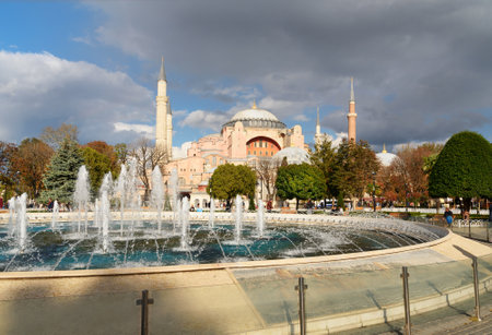 Istanbul, Turkey - November 01, 2016: Fountain and Hagia Sophia on Sultanahmet square in Istanbulのeditorial素材