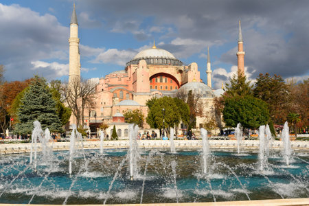 Istanbul, Turkey - November 01, 2016: Fountain and Hagia Sophia on Sultanahmet square in Istanbulのeditorial素材