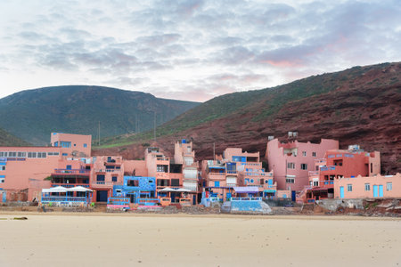 Legzira, Morocco - December 27, 2016: Biuldings, hotels and restaraunts for tourists in Legzira beach in the morningのeditorial素材