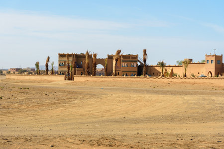 Merzouga, Morocco - Jan 6, 2017: View on Hotel Ksar Bicha near Erg Chebbi Sand dunes in Sahara Desertのeditorial素材