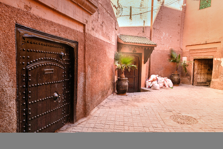On the narrow street in medina at Marrakesh. Moroccoの写真素材