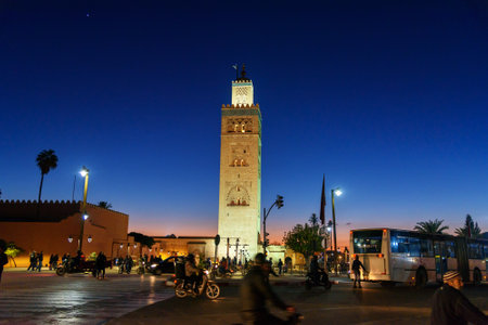 Marrakech. Morocco - December 20, 2017: View of Koutoubia Mosque at night. It is the largest mosque in Marrakeshのeditorial素材
