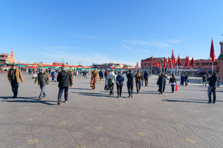 Marrakech, Morocco - December 28, 2017: People walking Jeema el Fna square in Marrakeshのeditorial素材