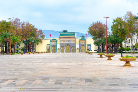 View of Bab L'Makhzen at morning. Golden gate in Royal palace. Fes. Moroccoのeditorial素材
