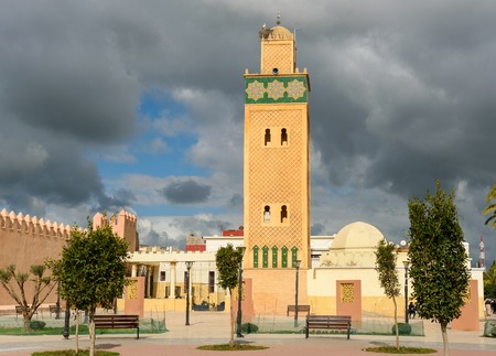 View of Sidi El Ghamli Mosque with nest of storks on minaret in Settat. Morocco