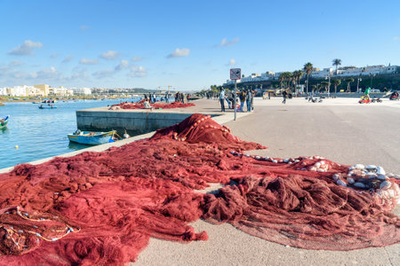Rabat, Morocco - Jan 17, 2017: Fishing net on harbor Bouregreg. Rabat is the capital city of Morocco and its second largest cityのeditorial素材
