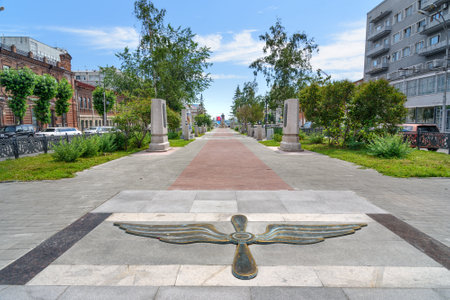 Novosibirsk, Russia - June 29, 2017: Alley of Marshal of the Soviet Air Force Alexander Ivanovich Pokryshkin on the Red prospect in the center of cityのeditorial素材