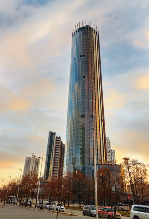 Yekaterinburg, Russia - 11 November, 2017: View of Iset tower on sunset. It is 52-story skyscraper in commercial district Yekaterinburg-Cityのeditorial素材