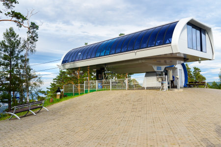 Krasnoyarsk, Russia- August 10, 2017: Chairlift station on the top mountain. Russian reserve Stolby...