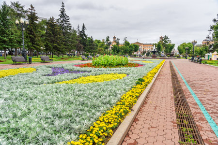 Irkutsk, Russia- Aug 14, 2017: View of Kirov Square This beautiful walking area has been around for over 300 years. At different times it was called Kremlevskaya, Spasskaya, Bogorodskaya, Tikhvinskayaのeditorial素材
