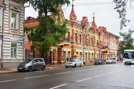 Irkutsk, Russia - August 14, 2017: Building of Trade House of Makhooshin and Posokhin. The building...