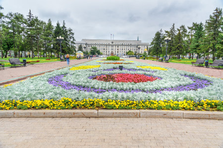 Irkutsk, Russia- Aug 14, 2017: View of Kirov Square This beautiful walking area has been around for over 300 years. At different times it was called Kremlevskaya, Spasskaya, Bogorodskaya, Tikhvinskayaのeditorial素材