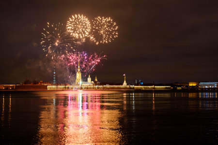 Firework on the Neva River at night. Peter and Paul fortress. Saint Petersburg, Russiaのeditorial素材