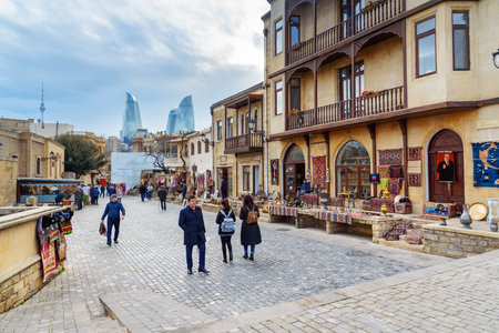 Baku, Azerbaijan - March 10, 2018: Street in Old city,Icheri Sheher is the historical core of Baku....