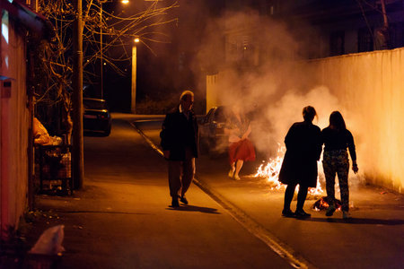 Astara, Gilan Province, Iran - March 13, 2018: Chaharshanbe Suri is persian Festival of Fire celebrated on the eve of the last Wednesday before Nowruz. People jump over fire on the streetのeditorial素材