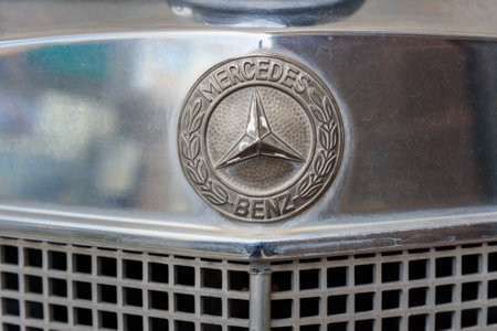 Tabriz, East Azerbaijan province, Iran - March 15, 2018: Old Mercedes Benz taxi car near Saat Tower,...