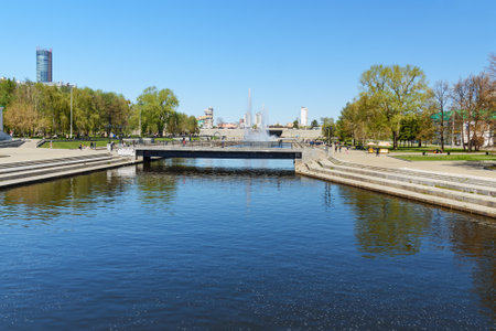 Yekaterinburg, Russia - May 23, 2018: View of Historical Square on Iset River in center of cityのeditorial素材