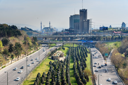 Tehran, Iran - March 19, 2018: View on Modares highway and Fajr bridge from Tabiat Bridge. Bridge complex on Modares highway in conjuction with Hemmat highwayのeditorial素材