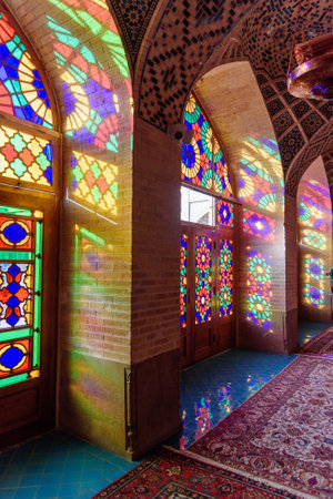 Stained glass window of Nasir Ol-Molk mosque, also famous as Pink Mosque in morning. Shiraz. Iranのeditorial素材