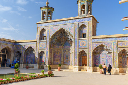 Shiraz, Iran - March 26, 2018: Courtyard of Nasir Ol-Molk mosque, also famous as Pink Mosqueのeditorial素材