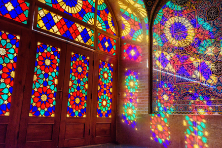 Stained glass window of Nasir Ol-Molk mosque, also famous as Pink Mosque in morning. Shiraz. Iranの写真素材