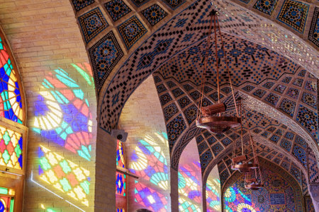 Interior of Nasir Ol-Molk mosque, also famous as Pink Mosque in morning. Shiraz. Iranのeditorial素材