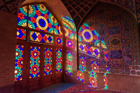 Stained glass window of Nasir Ol-Molk mosque, also famous as Pink Mosque in morning. Shiraz. Iranのeditorial素材