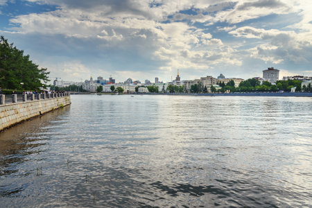 Yekaterinburg, Russia - June 21, 2018: View of Yekaterinburg city center and embankment on Iset Riverのeditorial素材
