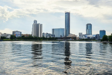 Yekaterinburg, Russia - June 21, 2018: View of city center skyline and Iset riverのeditorial素材