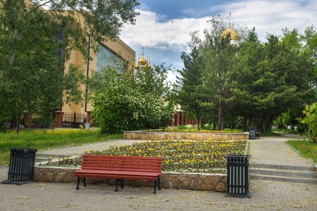 View of Church on Blood in Honour through the trees in Yekaterinburg. Russiaの写真素材