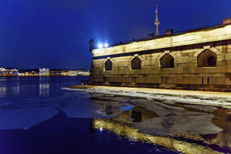 Saint Petersburg, Russia - December 30, 2017: Wall of Peter and Paul Fortress at nightのeditorial素材
