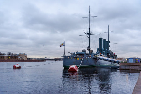 Saint Petersburg, Russia - December 30, 2017: View of the Aurora Cruiser historical ship in the...