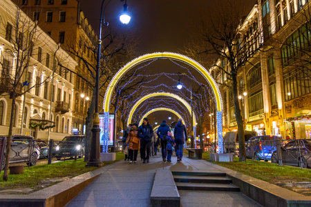 Saint Petersburg, Russia - January 4, 2018: Arch decorated garlands for New Year on the street Bolshaya Konyushennayaのeditorial素材