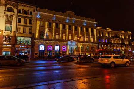 Saint Petersburg, Russia - January 3, 2018: Nevsky Prospect with Christmas illumination at nightのeditorial素材
