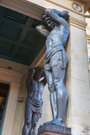 Saint Petersburg, Russia - January 7, 2018: Statues of Atlantes on Portico New Hermitage on Millionnaya Streetのeditorial素材