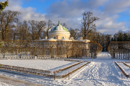 Catherine park and Lower Bathhouse in Tsarskoe Selo in winter. Pushkin town. Saint Petersburg. Russiaの写真素材
