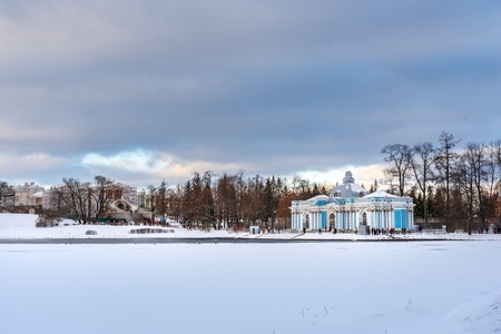 Frozen big pond and Grotto in Catherine park at Tsarskoe Selo in winter. Pushkin town. Saint Petersburg. Russiaの写真素材