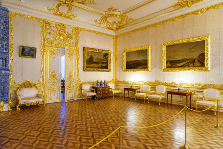 Pushkin, Saint Petersburg, Russia - January 8, 2018: Small White Dining Room in Catherine palace in...
