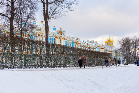 Pushkin, Saint Petersburg, Russia - January 8, 2018: View of Catherine palace in Tsarskoe Selo in...