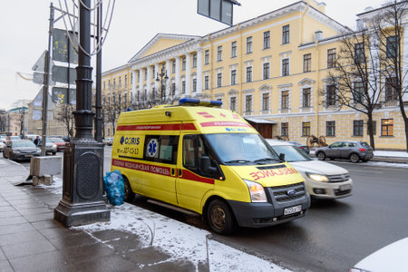 Saint Petersburg, Russia - January 11, 2018: Ambulance resuscitation car on the street in the city